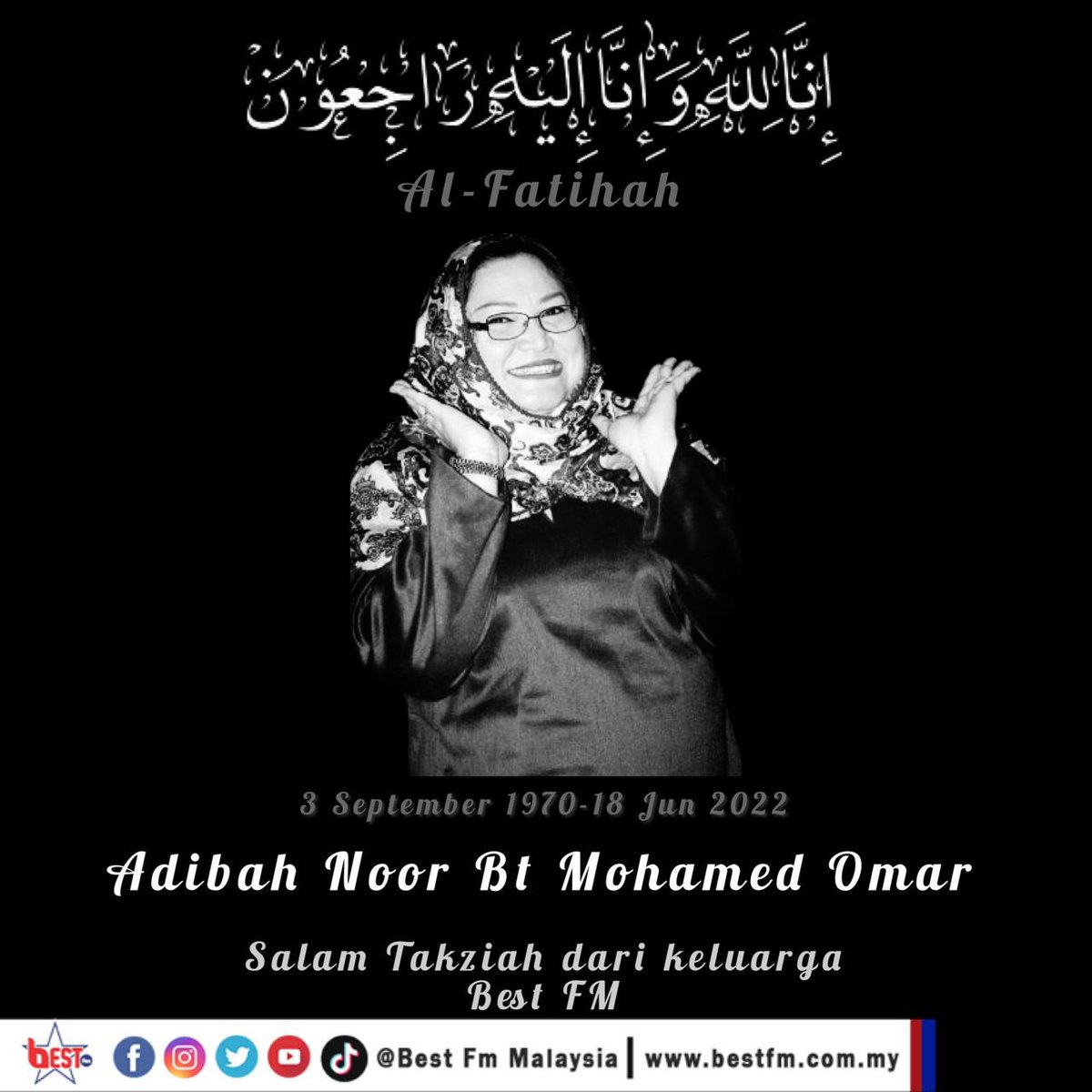 Penyanyi dan pelakon serba boleh, Adibah Noor meninggal dunia pada jam 7.45 malam Sabtu (18 Jun) di sebuah hospital swasta di ibu negara, setelah mengalami sesak nafas.

al-Fatihah. 

Salam Takziah daripada keluarga Best FM