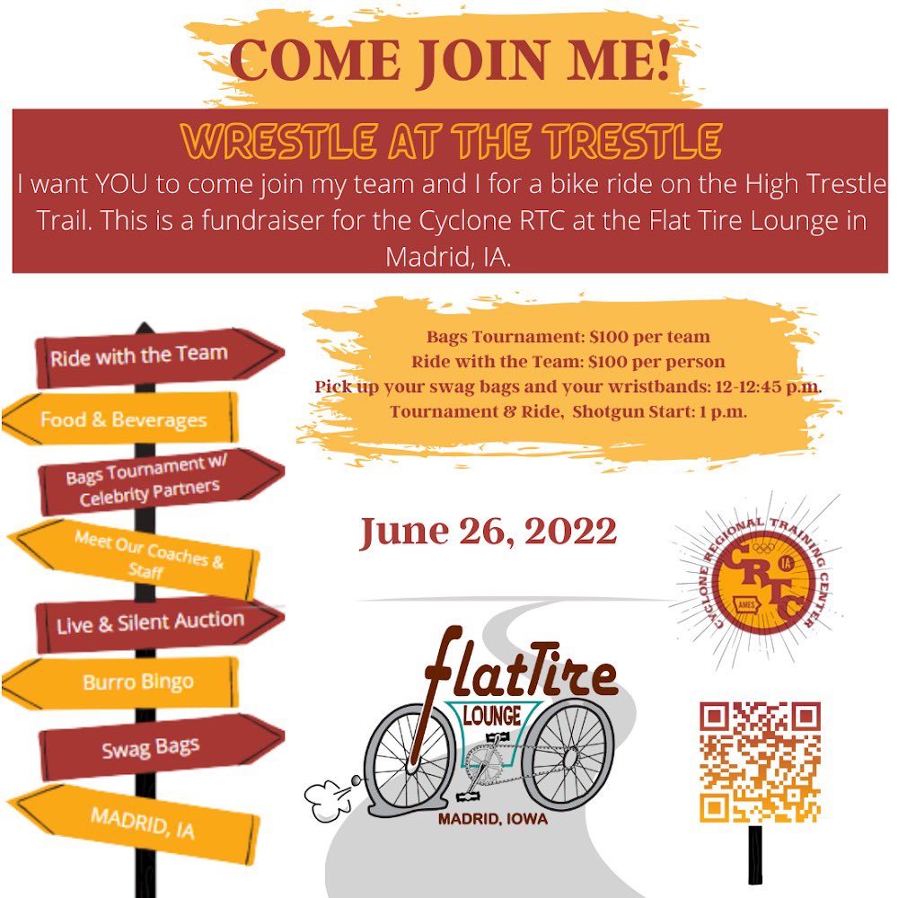 Come join me!
Wrestle at the Trestle
Flat Tire Lounge- Madrid, IA
<a href="/CycloneRtc/">CycloneRTC</a> 
June 26, 2022
Pre-Register for Bags Tournament and to Ride with my team here:
one.bidpal.net/wrestleattrest…
