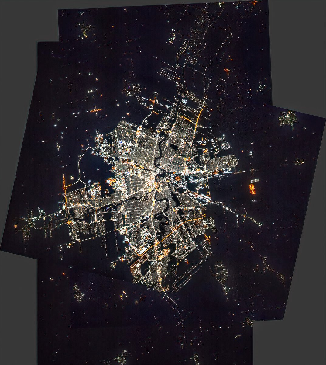Cmdr_Hadfield's tweet image. Winnipeg at night in beautiful detail, from the International Space Station. 
(@cityofwinnipeg @NASA images assembled by friend Andrew Yee)