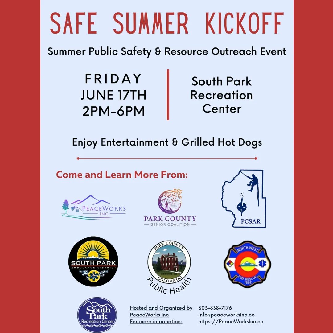 See you today, June 17th from 2-6:00pm at the South Park Rec Center for our first annual Summer Public Safety & Resource Event! Come enjoy hot dogs and chips. For more info call (303) 838-7176, email info@peaceworksinc.co
#PeaceWorksIncCO
#FairplayCO
#SupportSurvivors
#SafeSummer