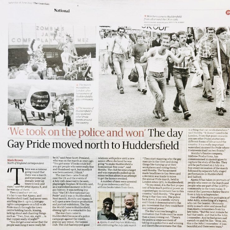 stephenmhornby's tweet photo. Delighted to find myself in the @guardiannews section talking about our shows and exhibition “The Day The World Came To Huddersfield” with a cheeky picture of me and #AjamuX @theLBT @GMFringe @LGBTHM @ace_thenorth @cr8tivekirklees @wyorksarchives #pride1981 #Huddersfield #Pride https://t.co/1Q0TNYpvEu