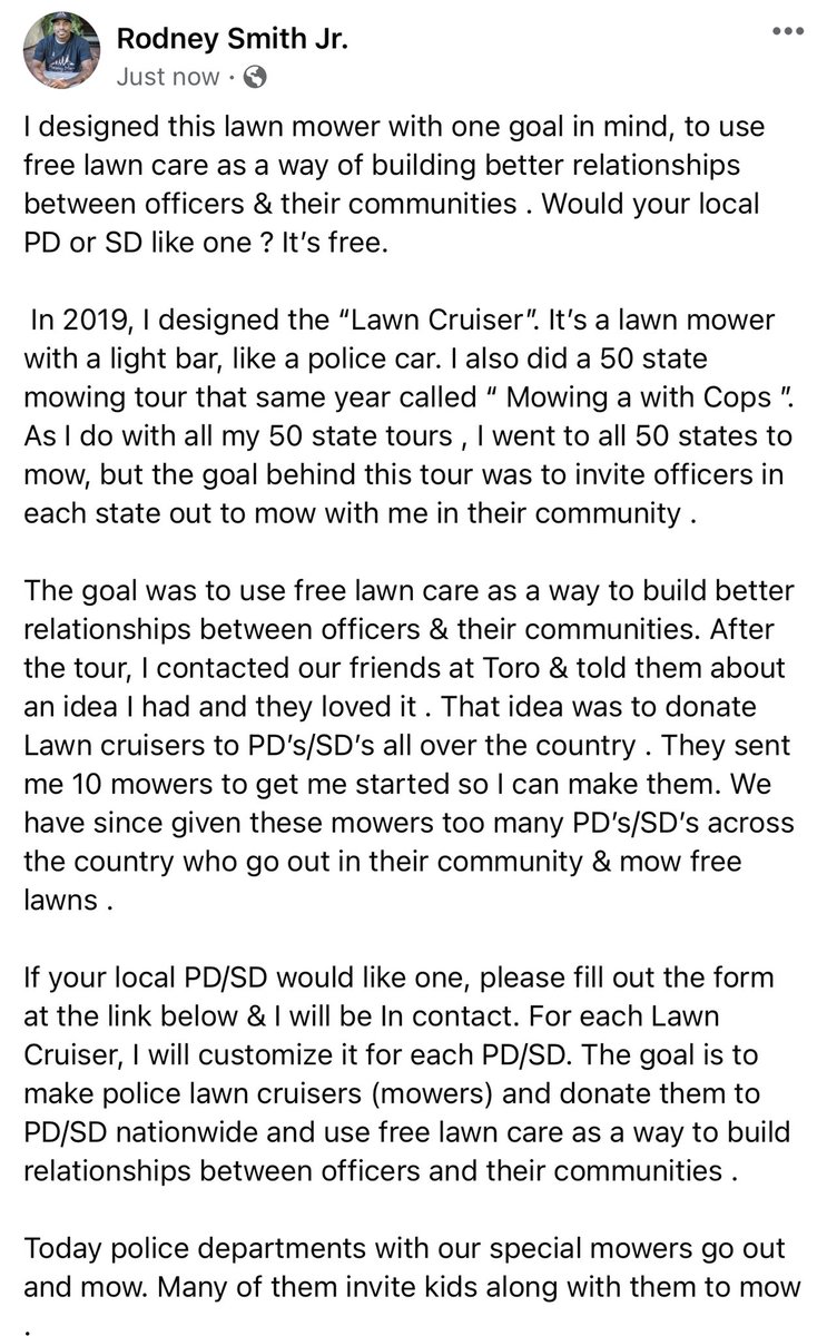 iamrodneysmith's tweet photo. I designed these lawn mower in 2019 with one goal in mind, to use free lawn care as a way of building better relationships between officers &amp; their communities . Would your local PD or SD like one ?  Link in bio https://t.co/e8IUxlFF4x