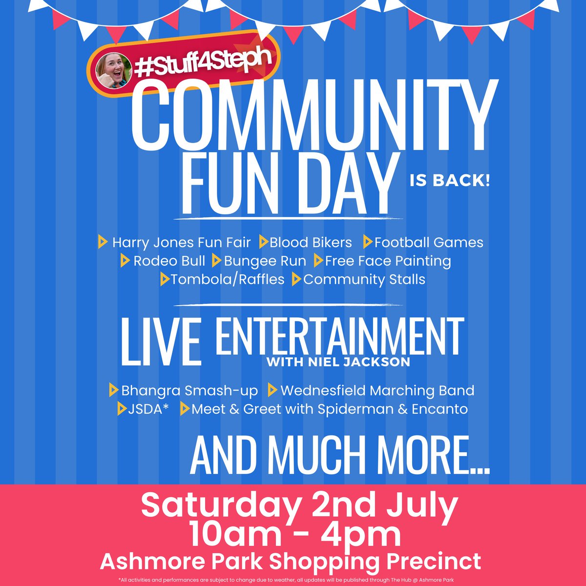 JamesDClarke's tweet photo. The #Stuff4Steph community fun day is back for 2022.
Saturday 2nd July - Ashmore Park Shopping Precinct.
#AshmorePark #wednesfield #wv11 #wolverhampton https://t.co/yqbfHybFva
