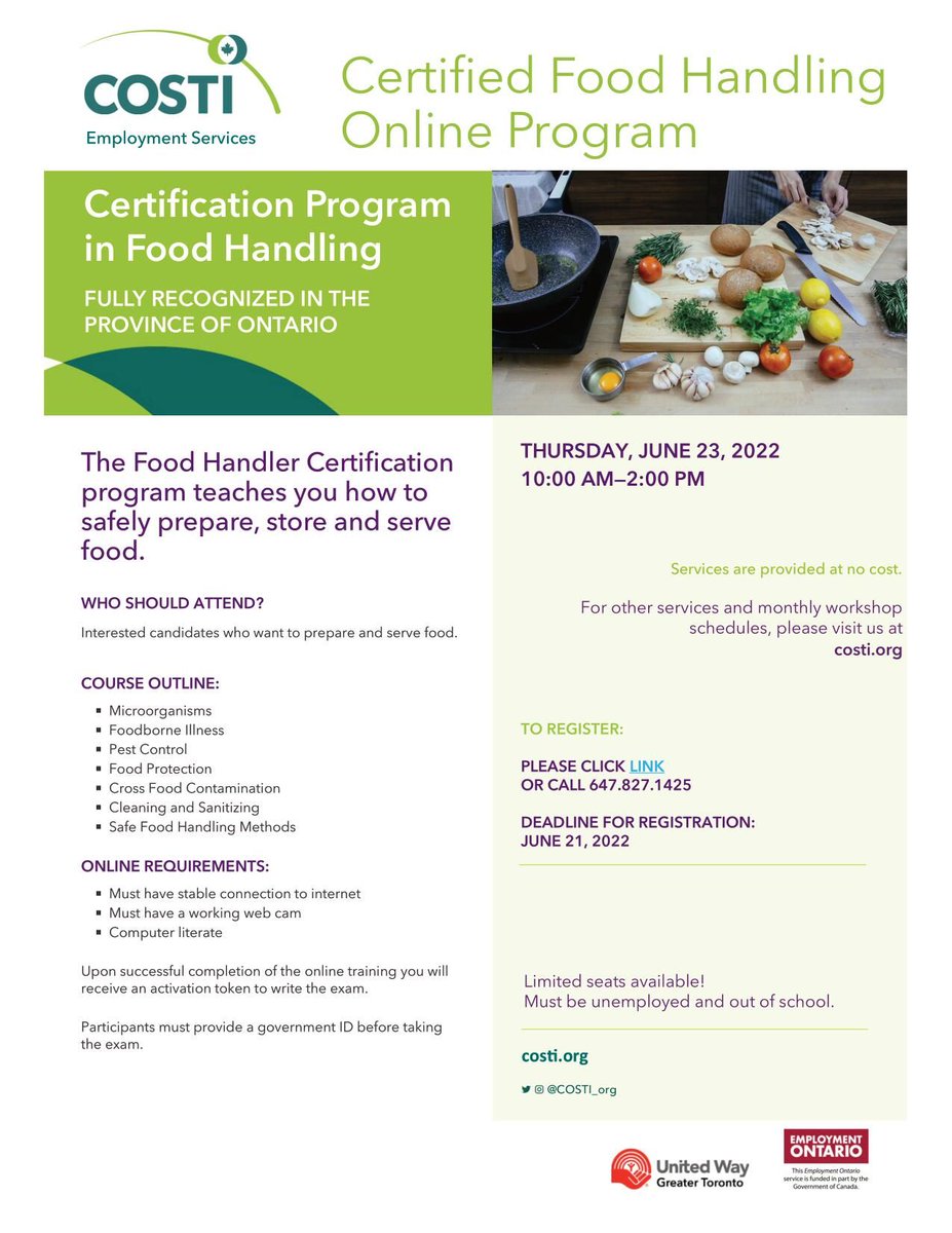 COSTI_org's tweet photo. Don't forget to register for the #FoodHandlerCertification program at https://t.co/XsuAAjGGRn before June 21 if you want to learn how to safely prepare, store & #servefood. The #onlinetraining is on June 23, 10 am to 2 pm. Call 647.827.1425 to know more. #FoodHandling #Ontario https://t.co/FXhoVwBrLZ