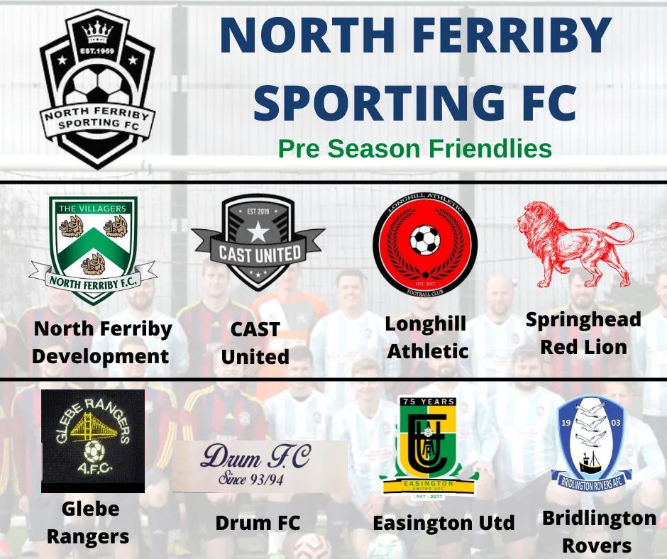 ⚽️ Pre Season Friendlies ⚽️

North Ferriby have arranged eight friendlies far with the teams pictured.

The build up for the new campaign starts very soon!

#northferribysporting

✍️Sponsors:
👉 Darren Fox Flooring Ltd
👉 Fraternity Barbers Beverley 
👉 Firepit Smokehouse and Bar