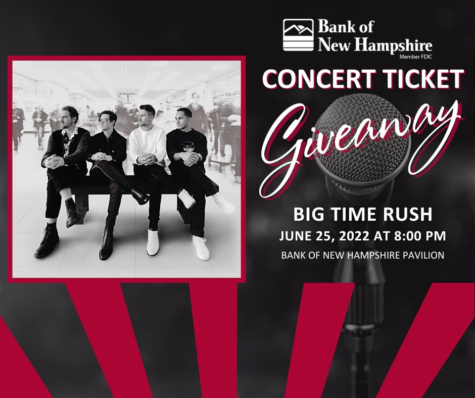 BankNH's tweet photo. 🎵 TICKET GIVEAWAY 🎵
We are giving away tickets to see @bigtimerush live at @banknhpavilion! Visit our Facebook page to learn more: https://t.co/s5qqPm7VhR. #LovinItLive https://t.co/lnjOgXVDAo
