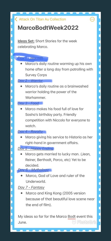 tribby58's tweet photo. Chose to make a list of the stories I had finished for @MarcoBodtWeek in case anyone missed them.

Day 1 - Warmth https://t.co/EyIFOz5O9y
Day 2 - Warrior https://t.co/bCvc1bOVh9
Day 3 - Food https://t.co/V23vYkUJ5z
Day 4 - Royalty https://t.co/uJPWhHHOvy

Last two in comments. https://t.co/g6e6zjZw9U