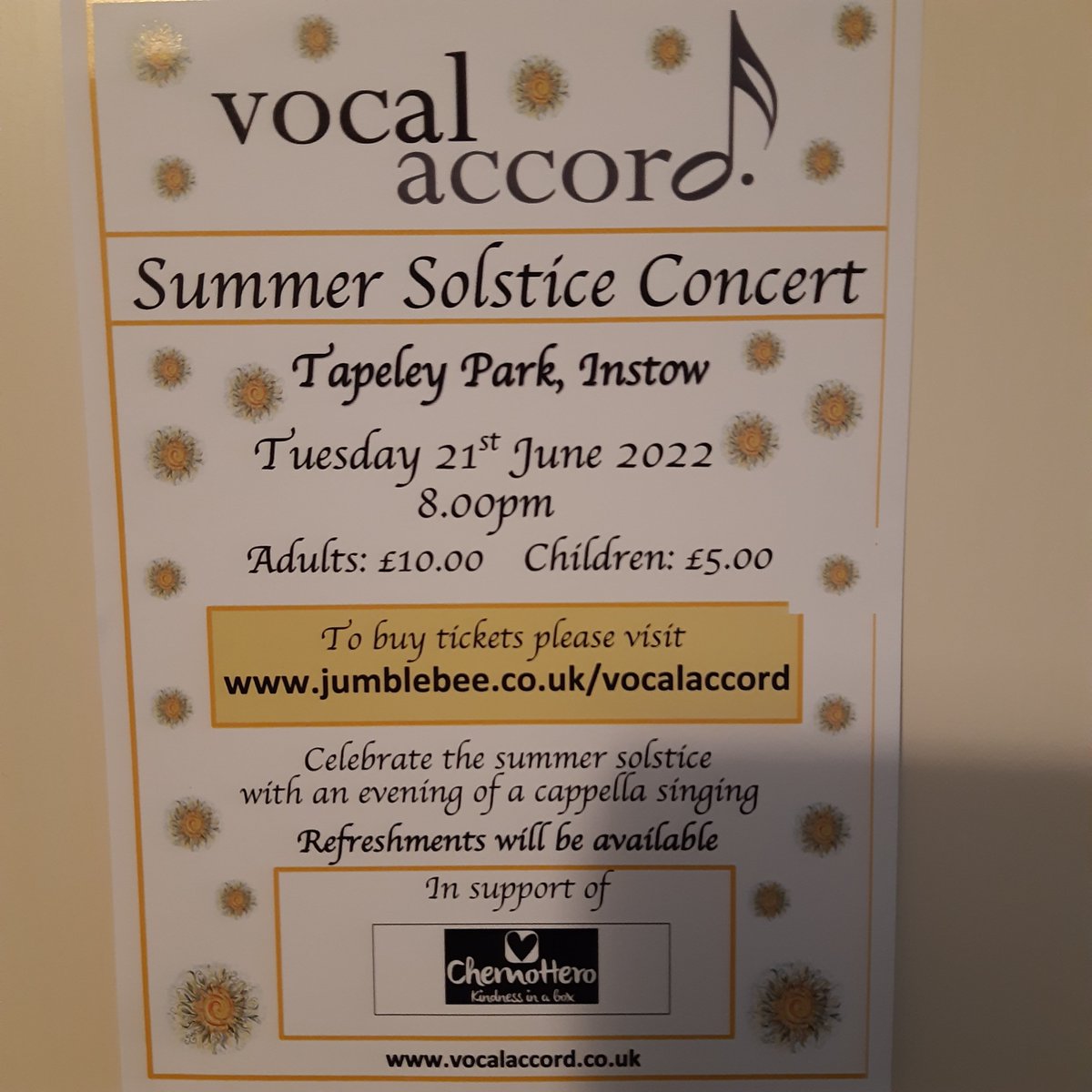 Our Summer Solstice concert is this Tuesday 21st June, 8pm at Tapeley Park, Instow. We are raising money for the wonderful <a href="/chemohero/">ChemoHero</a>. We would love to see you there. To book tickets please visit jumblebee.co.uk/vocalaccord