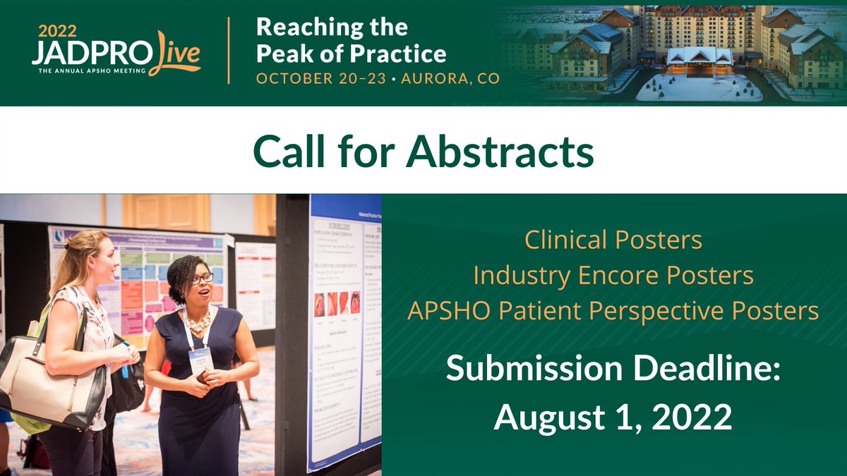 APSHOorg's tweet photo. Have you heard? New this year at #JADPRO Live: APSHO Patient Perspective Posters! Patients and their advocacy groups are invited to submit abstracts highlighting the unique patient perspective in oncology. Learn more: https://t.co/q9i8oaPUfr. The deadline is August 1 #JADPROLive https://t.co/pmsSHz3V34