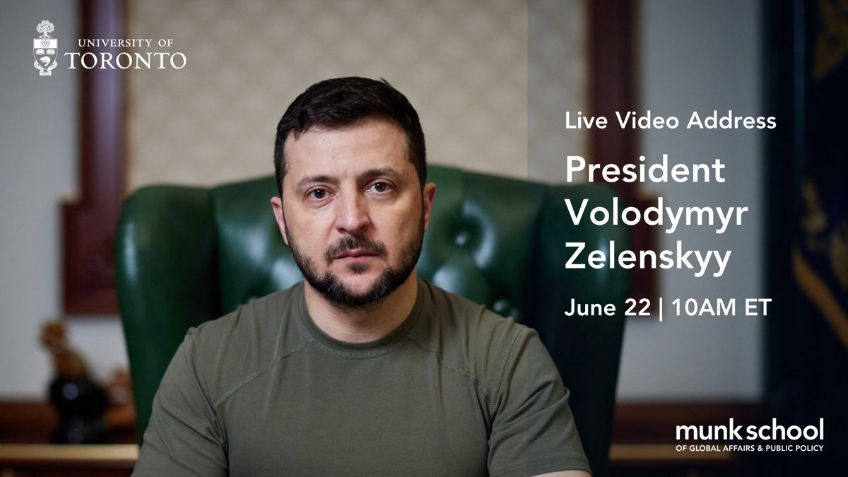 munkschool's tweet image. On Wednesday, June 22 at 10 AM ET, we are hosting a live video address by @ZelenskyyUa, followed by an interactive Q&amp;amp;A with university students across Canada. Subscribe to @munkschool's YouTube channel and tune into the livestream: bit.ly/MunkSchoolTV