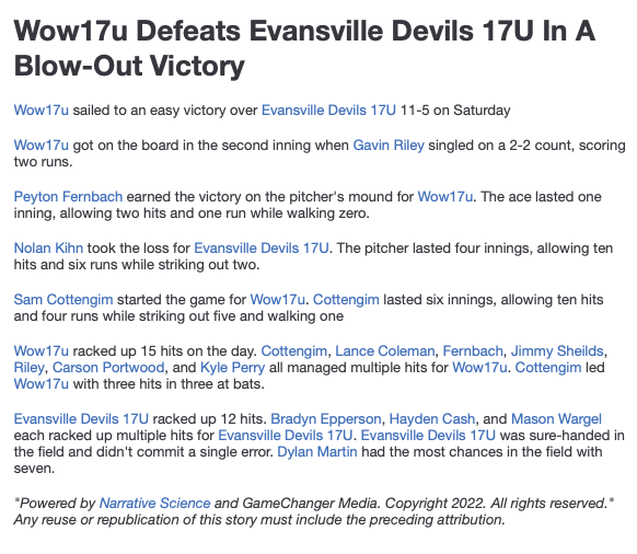 PrimetimeKYHQ's tweet photo. #17uSummerClassic - Wow17u take down Evansville Devils 11-5. Wow came to play Sam Cottengim 3-3 RS 2B 3RBI. Carson Portwood 2-3 RS 2B, &amp; Lance Coleman, Kyle Perry, Gavin Riley and Fernbach all collected 2 hits.  Devils' Broaden Epperson, Mason Warble and Hayden Cash 2 hits ea https://t.co/SdhsqC8SrL