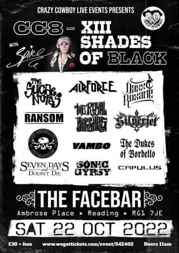 CCLiveEvents's tweet photo. Delighted to present the final line up and poster for Crazy Cowboy Festival 8 -XIII Shades Of Black.

Saturday 22 October 2022 at The Facebar, Reading.
Get your Tickets it’s gonna be Rockin 🤘🏼🤘🏼

Tickets: https://t.co/fk7aXnVSkV

https://t.co/ADgDZRGSrR https://t.co/zRkpugqkda
