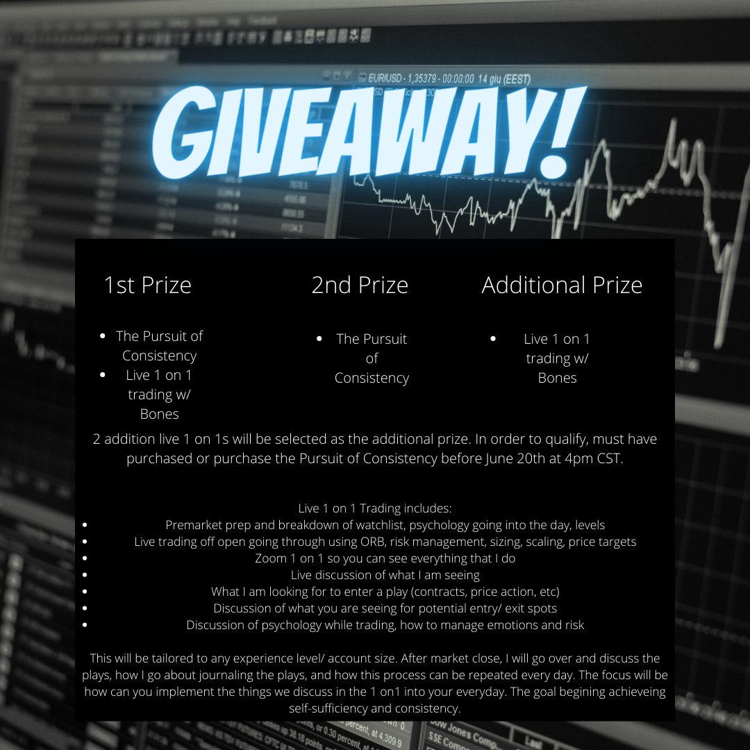 🚨 GIVEAWAY ALERT 🚨

2x The Pursuit of Consistency (Hard Copy)
Live 1 on 1 Trading
2x Additional live 1 on 1 trading (purchased or purchase eBook before June 20, 4 pm CST)

Rules❗️
❎Retweet &amp; Like
❎ Enter Email bonestradez.com

Drawing at 5 pm CST June 20th