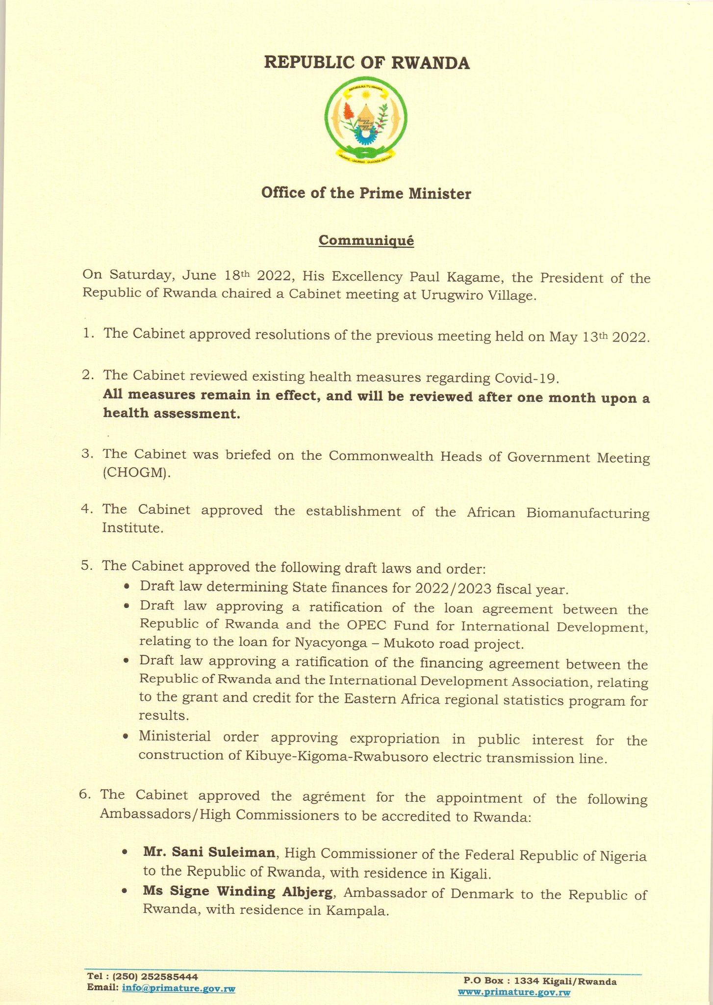 Office of the PM Rwanda on Twitter "Statement on Resolutions of 18/06/2022 https//t