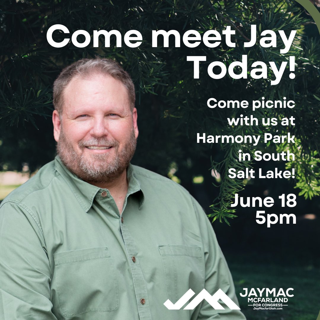 JayMcfarland's tweet photo. Come picnic TODAY with Jay at Harmony Park in South Salt Lake! bring your friends too! Food and games will be provided! 

RSVP today to let us know you'll be there! https://t.co/XHFQGTq4W6

#UUP #Utah #JayMacforCongress #UTCD2 #UnitedUtahParty #TeamJayMac #JayMacforUtah https://t.co/21ULNW7UZF