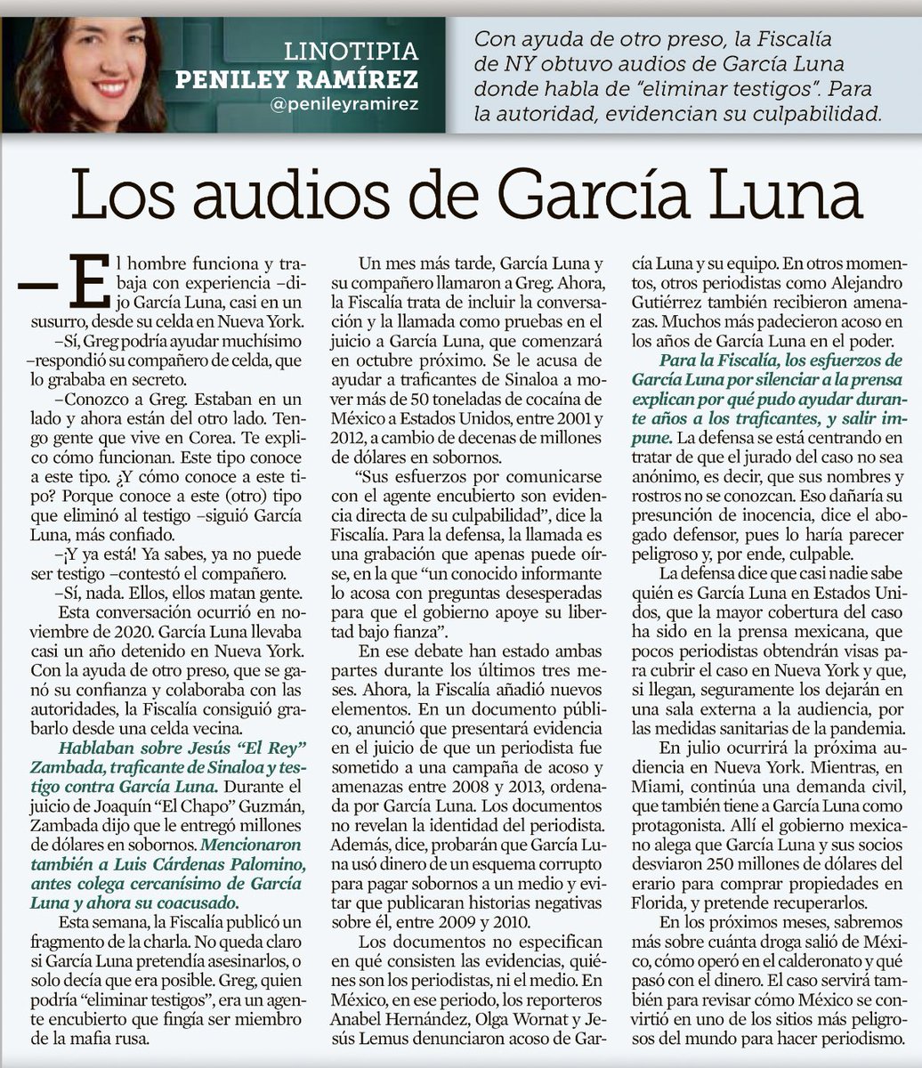 jrisco's tweet photo. “Los audios de García Luna”

Por si se lo perdieron en la semana, mi querida @penileyramirez no lo deja pasar. 

Siempre hay que leerla en @Reforma https://t.co/ogTEEbmmAY