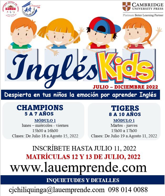 #Inglés #UTN| Para los más pequeños el mejor tiempo de aprendizaje de un idioma que abre puertas por el 🌍 modalidad presencial, grupos de aprendizaje por edades, juegos, canciones y mucho más. Infórmese al 098 014 0088 o cjchiliquinga@lauemprende.com
Cupos limitados