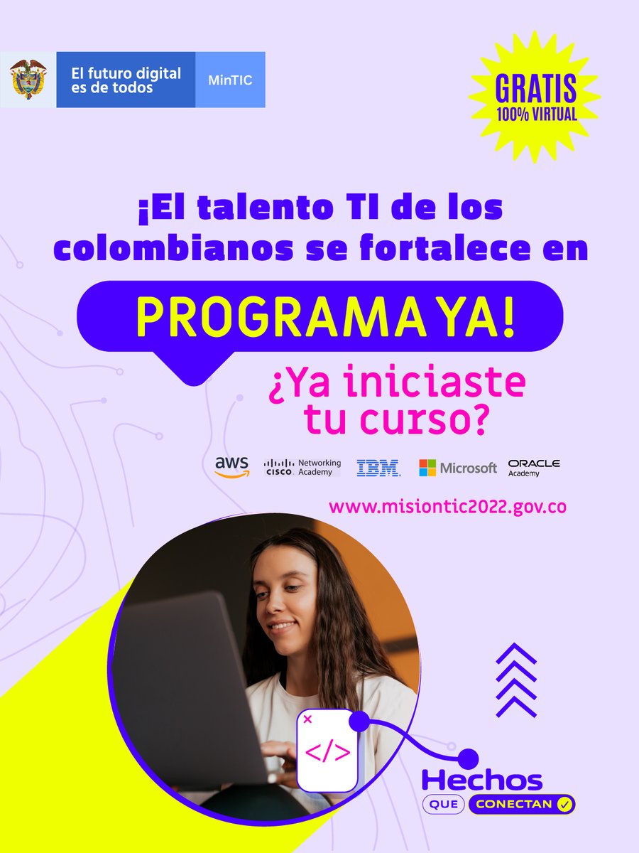 Ministerio_TIC's tweet photo. 📩 ¡Con los cursos de 🖥️ #ProgramaYa el aprendizaje siempre continúa! Si te inscribiste para adquirir nuevas habilidades digitales con nuestros aliados @MSFTColombia @IBMLatAm @Cisco @AWSLatam y @OracleAcademy comienza ahora tu formación 📲 https://t.co/IaRsjpUfVO https://t.co/wHDYLjDpg8