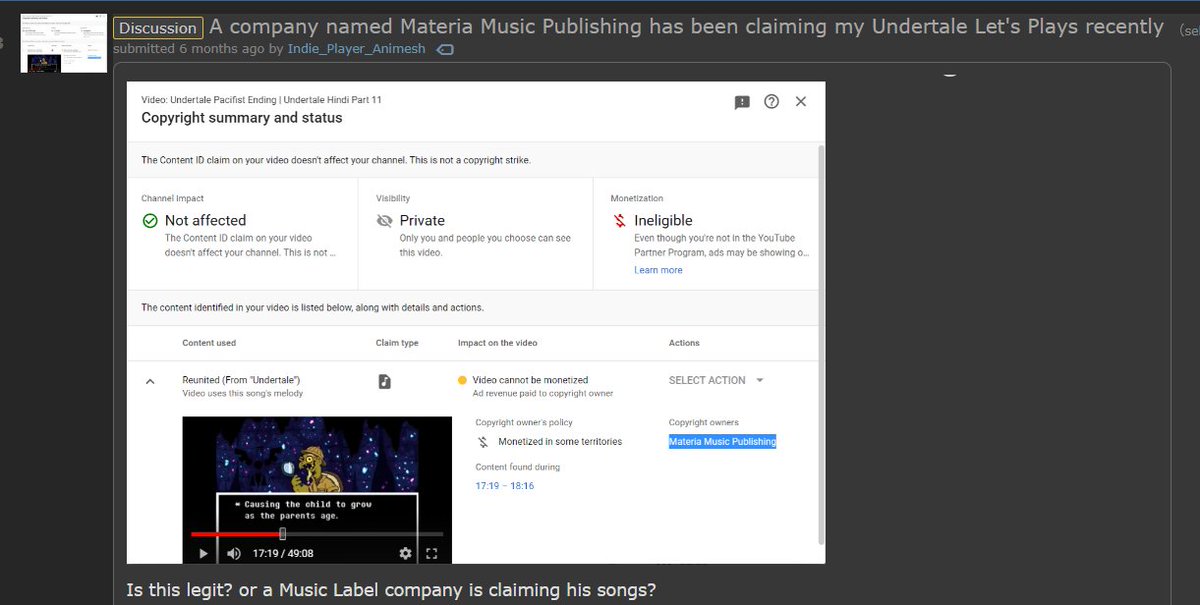Yahiamice's tweet image. great, turns out you can't monetize ANY content on YouTube that contains UNDERTALE/DELTARUNE music, whether you use it in the background of a video, use a COVER of an UT/DR song or even upload ACTUAL GAMEPLAY of Undertale
the company that handles the rights to Tobys songs is NUTS