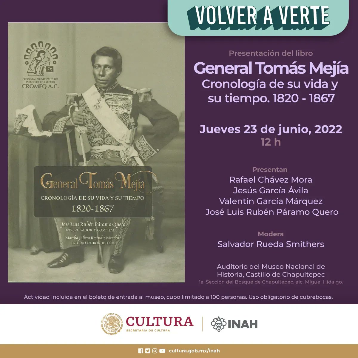 Museodehistoria's tweet photo. Este 23 de junio acompáñanos en la presentación del libro "General Tomás Mejía, cronología de su vida y su tiempo 1820 - 1867". Al mediodía en el auditorio del museo.
Actividad incluida en el boleto de entrada. #literatura https://t.co/wD6BKdOLXb