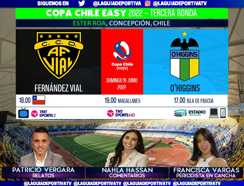 Laguadeportiva1's tweet photo. 🇨🇱 #CopaChile (3era Ronda Ida) #FVial v #OHiggins 
🗣️Relatos: @Pini_Vergara_14 
🎙️Comentarios: @nahla_hg 
🏟️CDJ: @SiempreCanchera 
📺 @TNTSportsCL 2 y HD
🖥️📱 https://t.co/RFbMBlgBXO (Estadio TNT Sports)
#⃣ #FVOHIxTNTSports 
Dale RT 🔃 https://t.co/IgWOe8PVra