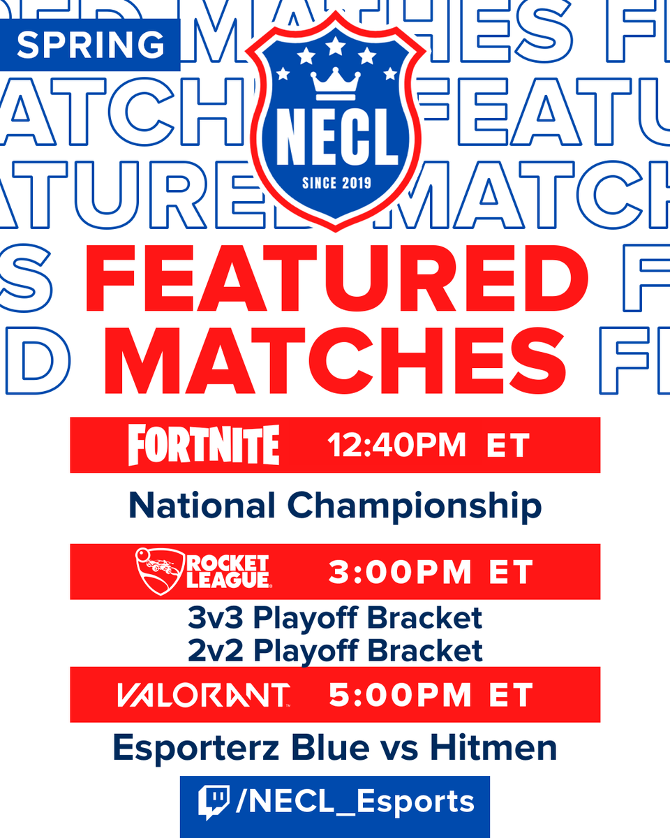 Here is the stream schedule for this Championship Saturday!

#esports #necl #fortnite #rocketleague #valorant