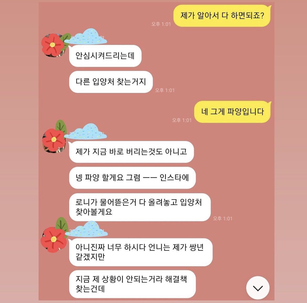 러비는 유기견만 입양하신 다견가정으로 입양을 가게 되었어요.

‘로니’라는 이름까지 지어주셨는데

인테리어를 훼손했다는 이유로 한달만에 훈련소로 보내졌고

그 상태로 파양되었습니다.

본인이 파양했다는걸 부인하며
진도믹스 견주 100명이 있는 단톡방에서 아이를 문제삼기까지 했습니다..