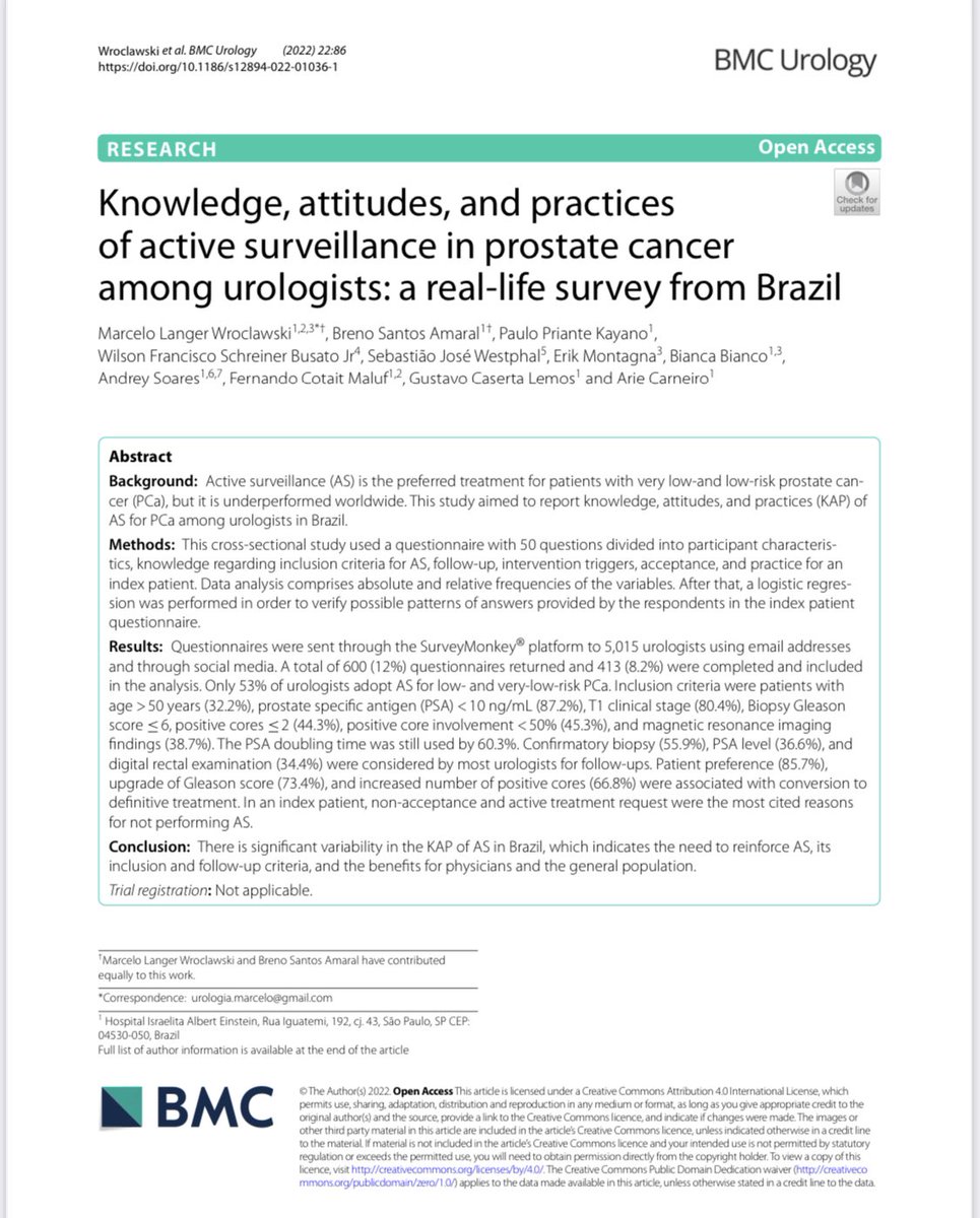 wroclawski_uro's tweet photo. #prostatecancer Active Surveillance (in 🇧🇷): a lot to improve!

Both in terms of continuous medical education 👨‍⚕️👩‍⚕️ and also regarding lay community awareness 👨‍🏫👩‍🏫

What is your impression in your city/ country?

https://t.co/iqf5fC2BDL

#UroSoMe #UroSoMeBrasil 
@SpringerUrology https://t.co/YuX7hHoAlP