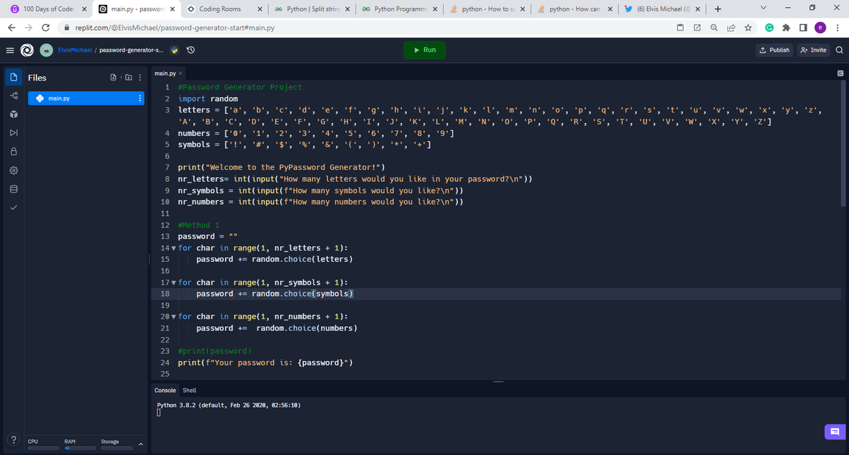 elviz_michael's tweet image. Day 5 - #100DaysOfCode Challenge.

I built a password generator from learning about 'for loops', code blocks and the range() function.

I am following the 
@100daysofpython

 course by The App Brewery.