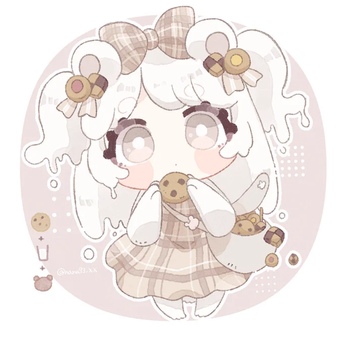 #絵文字3つもらってキャラデザする  ++ になりました!クッキー大好きみるくまちゃんです! いつもと違った感じで描いてみたけどどうかな・・? デフォルメもっと練習したいから明日また募集しようかな