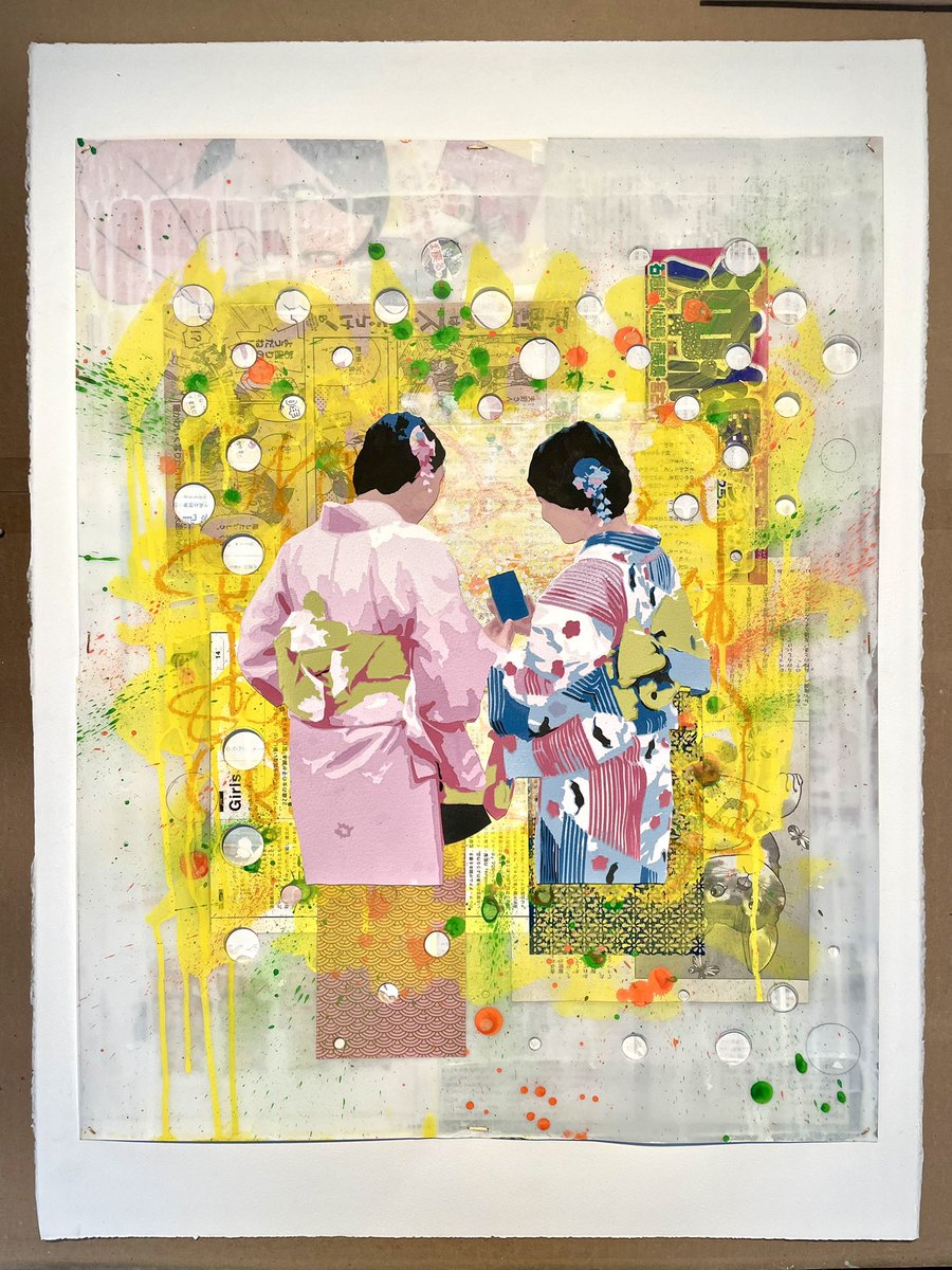 “Kyoto Girls with Phone”

30 x 22 in

Liquid acrylic, oil pastel, newspaper, manga, handmade paper, on Duralar and heavyweight watercolor paper stitched together with vintage Japanese 24k gold thread

Available, DM to purchase

#art #アート #artist #artforsale #japan #日本 #kunst