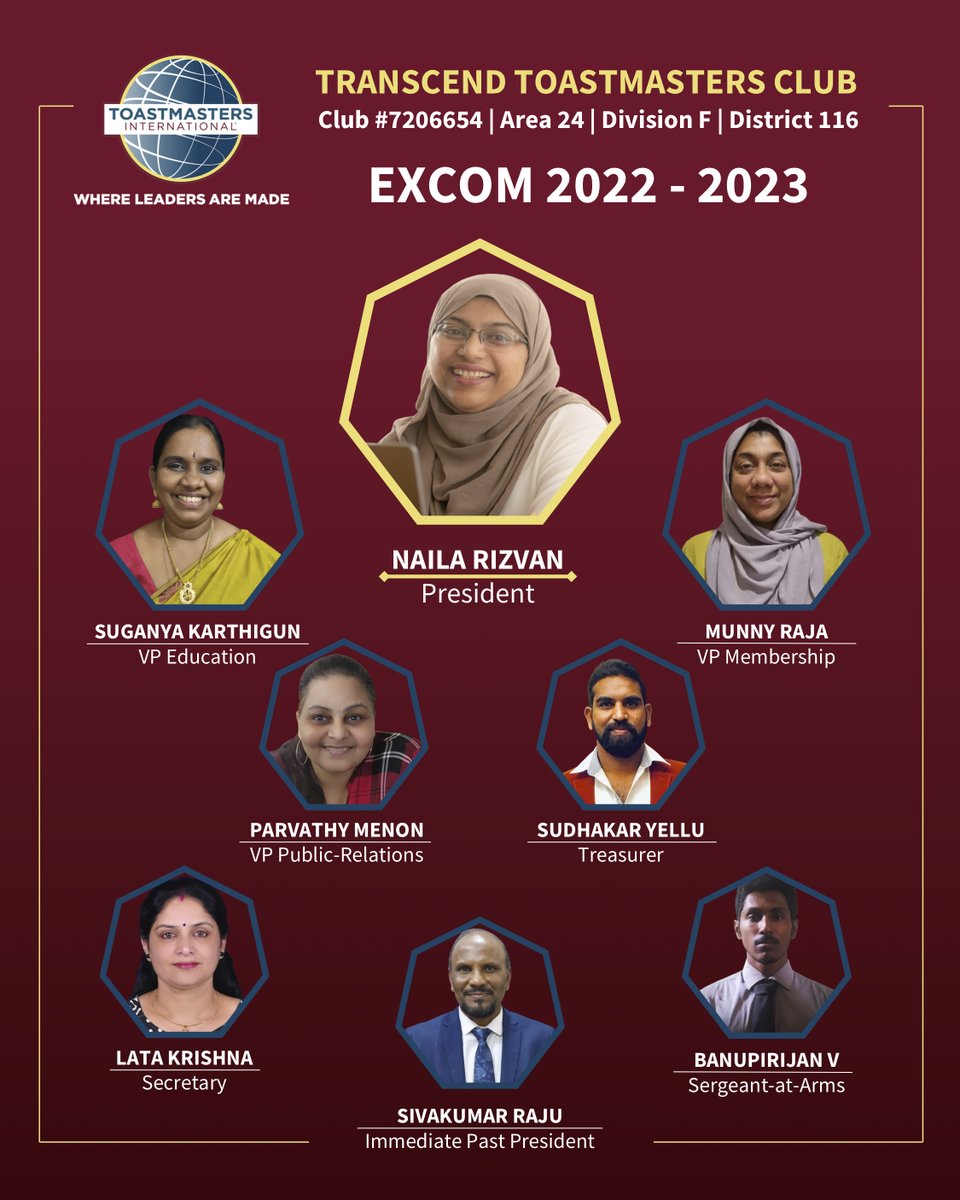 transcendtmc's tweet photo. 💥 Vibrant leaders of the EXCOM 2022-2023 at Transcend Toastmasters Club. 💥
#toastmasters #divisionf #transcendtoastmasters #toasmastersinternational #publicspeaking #divisionftoastmasters #region11 #district116 #d116 https://t.co/KkK2iyQmOY