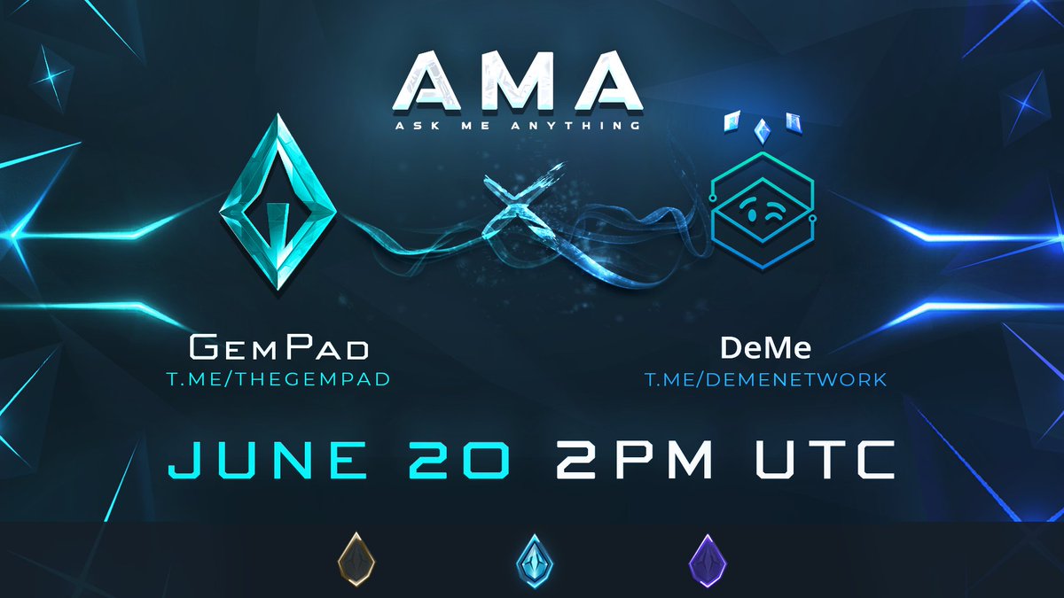 TheGemPad's tweet image. 💎 AMA ANNOUNCEMENT DEME 💎

We&apos;re happy to announce the AMA with @TheDemeNetwork! 

The AMA will be taking place on Monday, 20. 06. at 2pm UTC! ⏰
Venue: t.me/TheGemPad

🎁 AMA Giveaway: 🎁
2x50 BUSD for 2 random listeners
2x DeMe WL spot for best questions

#BSC #DeFi