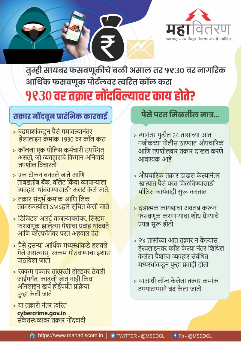 InfoAhilyanagar's tweet image. तुम्ही जर फसव्या संदेशाला बळी पडला असाल तर घाबरू नका.  त्वरित 1930 या टोल फ्री क्रमांकावर संपर्क करा. 
#SMSFraud
#alerte