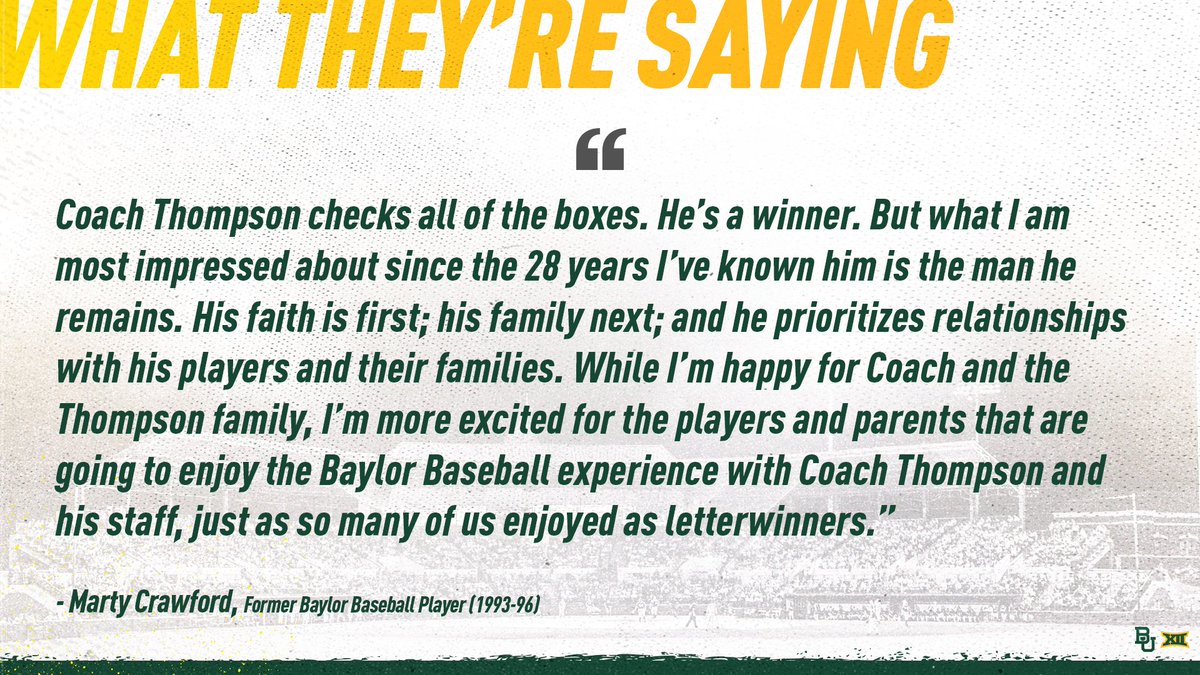 BaylorBaseball's tweet photo. 𝙒𝙝𝙖𝙩 𝙏𝙝𝙚𝙮'𝙧𝙚 𝙎𝙖𝙮𝙞𝙣𝙜 🗣

Generations of former Bears continue to share their love for our new skipper. This is what the Baylor Family is all about!

#SicEm 🐻⚾️ https://t.co/uBIZK2dT13