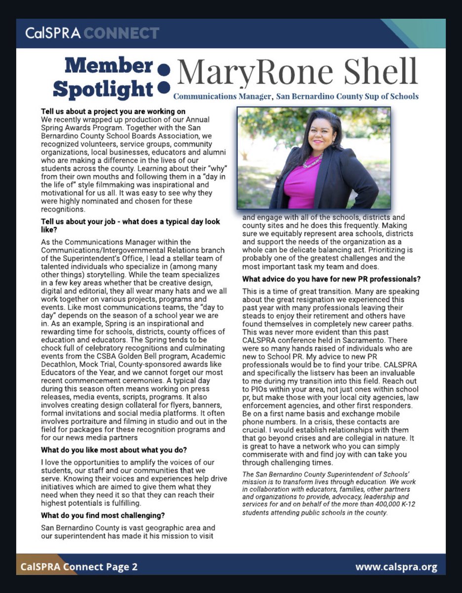 Jenny Owen (@jennyowenpio) on Twitter photo Beyond thrilled to click open the newest <a href="/CalSPRA/">CalSPRA</a> newsletter and see our very own amazing <a href="/SBCountySchools/">San Bernardino County Superintendent of Schools</a> Communications Manager @MaryRoneSBCSS featured!!! Truth, there's no spotlight bright enough to capture how incredible she is. 🤩 pub.lucidpress.com/ConnectJune202… Beyond thrilled to click open the newest <a href="/CalSPRA/">CalSPRA</a> newsletter and see our very own amazing <a href="/SBCountySchools/">San Bernardino County Superintendent of Schools</a> Communications Manager @MaryRoneSBCSS featured!!! Truth, there's no spotlight bright enough to capture how incredible she is. 🤩 pub.lucidpress.com/ConnectJune202…