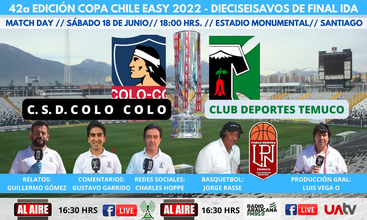 ¡Hoy tenemos una super previa de 90 minutos!
A contar de las 16:30 hrs COLO COLO vs DEPORTES TEMUCO por los 16avos de final ida de la COPA CHILE 2022 y en simultaneo, contacto con Jorge Rasse y el Ascenso del básquetbol nacional: LICEO PABLO NERUDA vs LICEO CURICÓ. Los esperamos!