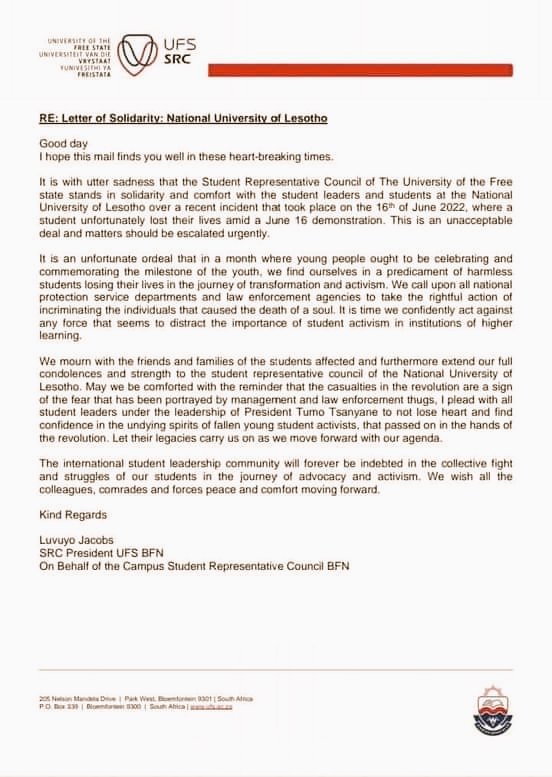 BaluzianaK's tweet photo. UFS SRC has passed their condolences to NUL on the recent horrendous incidents.. #NULstrike
#JusticeforNUL https://t.co/n5DP7734UP