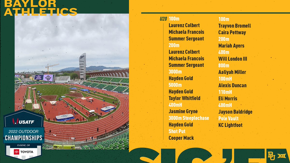 𝐆𝐨𝐨𝐝 𝐥𝐮𝐜𝐤 to our current and former Bears competing at the @USATF Championships in Eugene next week‼️

#SicEm 🐻 | #JourneyToGold