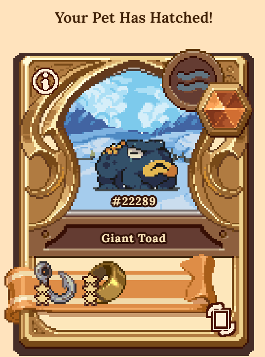 ShroommaNL's tweet image. My first LEGENDARY #NFT in @DefiKingdoms, came from an Blue Pet egg, its a Rare Giant Toad in Legendary rarity form, with Mythical Goldsmithing boost.

I'm so looking forward to Questing with these pets!

#HarmonyONE #Cryplistic #DFKchain