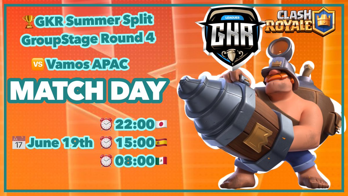 MATCHDAY
🏆<a href="/GkrLeagues/">GKR Leagues</a> 
🆚<a href="/VamosApac/">Vamos KOR</a> 
📅June 19th
🕰22:00🇯🇵/15:00🇪🇸/08:00🇲🇽

🎙 We, the team, will win.💪🔥

#GKRS7 #GKR2022 #GKRLeagues 
#GoRaptores 
#ClashRoyale