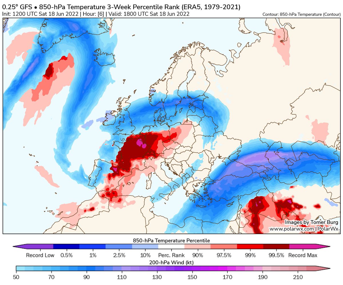 The elegant weather maps by <a href="/burgwx/">Tomer Burg</a> point out that the mid-June European heatwave is "partnered" with two other anomalously hot areas: one SE of Greenland, the other over Middle East ♨️
These hot spells are joined by a single, NW-SE oriented Rossby wave packet in the jet stream〰️