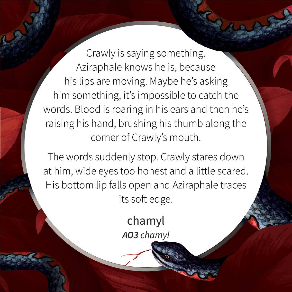 wiggleonzine's tweet image. 🐍 CONTRIBUTOR SPOTLIGHT: RETURNING FROM VOL. 1 🐍
Here’s a preview of the wonderful spicy fic @chamyl88  did exclusively for the digital edition of Volume 2 of our snake!Crowley zine! (all physical zine orders come with the digital, digital also sold separately)
Preorders open!