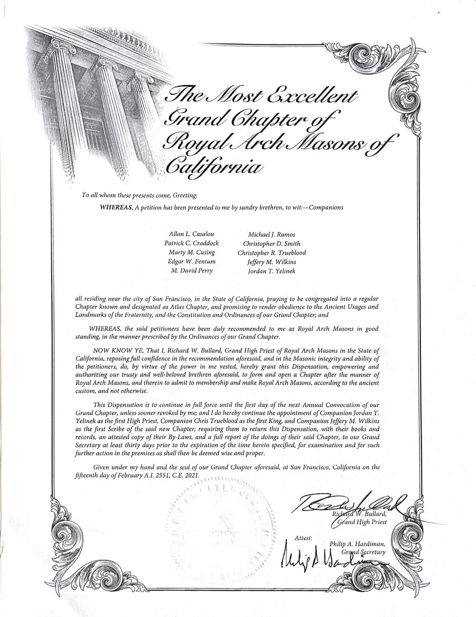 AtlasChapter's tweet image. We are humbled by the confidence of the Companions of the Grand Chapter of California in granting us a charter as Atlas Chapter No. 5!