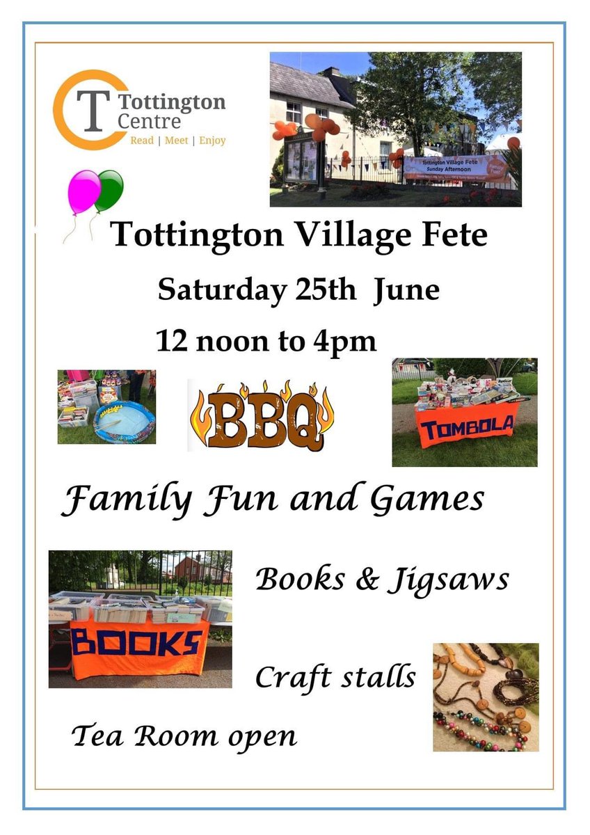 Our village fete is this Saturday, 25 June! From 12 noon till 4pm we will be fundraising for the Tottington Centre with fun for all the family. The Tea Room will also be open, making this an afternoon not to be missed! 📚🧩