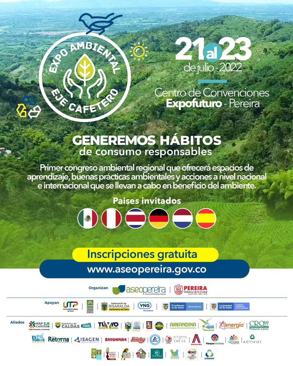 🦜♻️ EXPO AMBIENTAL EJE CAFETERO ☀️

En este primer congreso ambiental regional se contará con la presencia de seis países invitados, ¡generemos hábitos de consumo responsables! 🌎

📲 Recuerda inscribirte aquí: aseopereira.gov.co 

#ElAmbienteNosUne
<a href="/AseoPereira/">Empresa Aseo Pereira</a>
