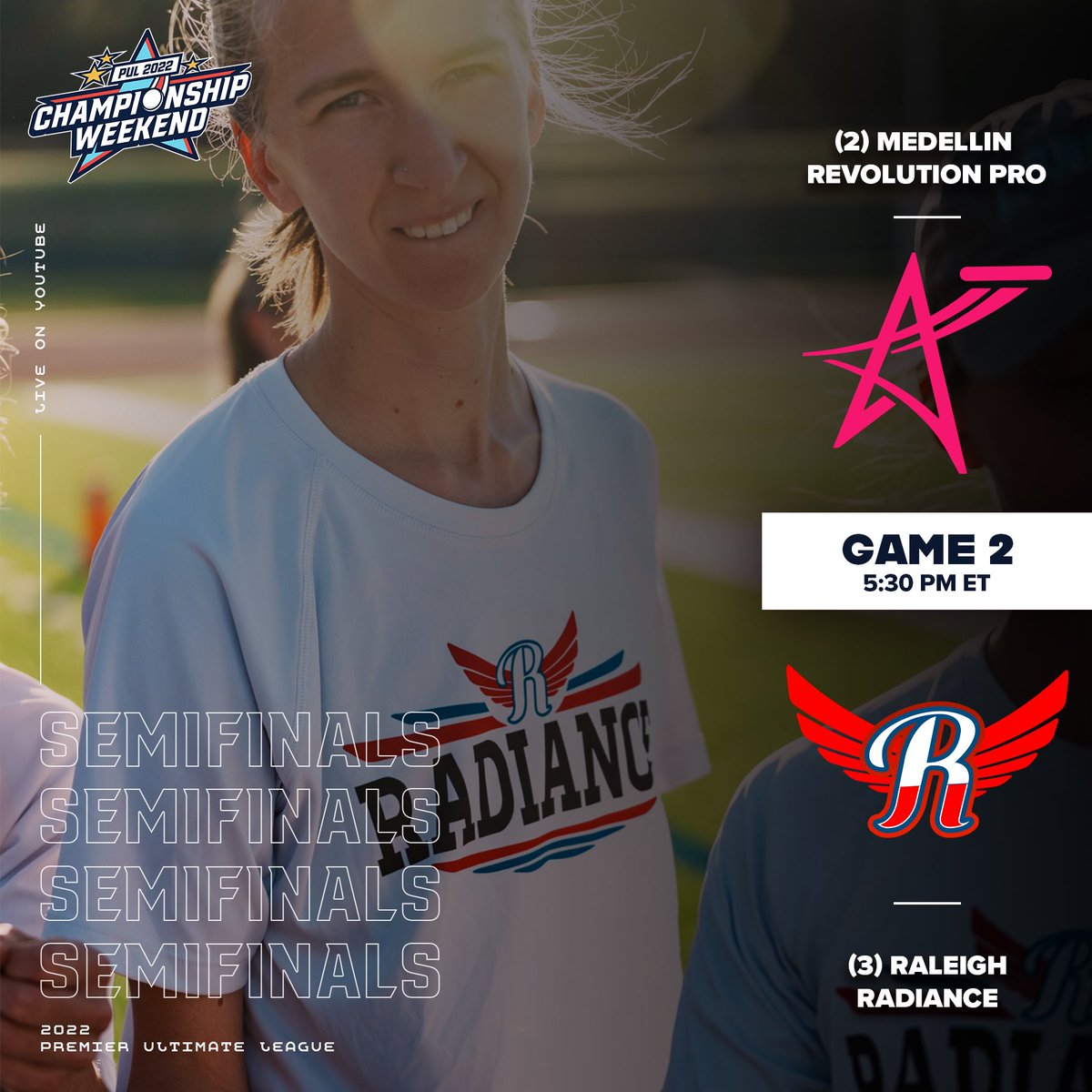PremierUltimate's tweet image. Semifinals at 5:30pm ET @UltimateRevo vs @Raleigh 

Tix available at the door 🎟 
Stream LIVE on YouTube 📺 youtu.be/LPjflM7akx0

Donate the cost of your ticket: premierultimateleague.com/donate-1