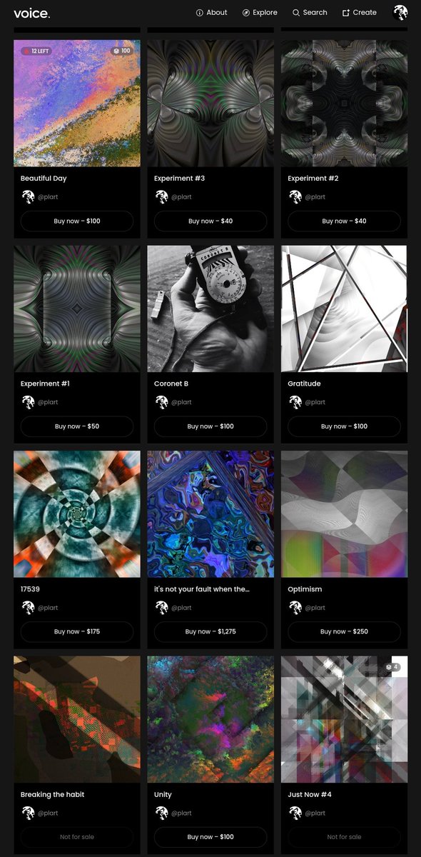 My profile on <a href="/VoiceHQ/">Voice</a>

Many 1/1 pieces for $100
Thank you for support!
voice.com/plart

#PLnft #VoiceNFT #NFTart #NFTartist #CleanNFTs #nftphotography #NFTcollections #NftColllectors