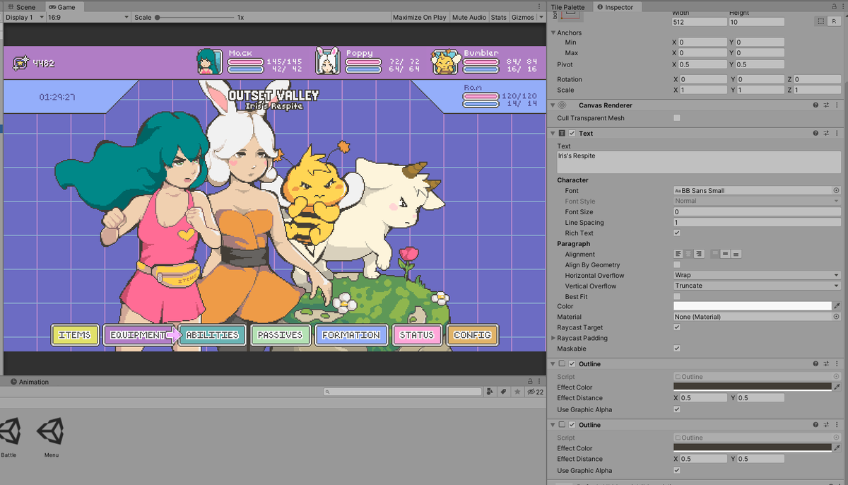 rpgirlgame's tweet photo. @huttaburger Hi! We do this all the time in Unity. All of the text you see here is in custom pixel fonts made by @mondapixels. You can see how it looks unstyled in the header bar, outlined in the map location and menu options, and with drop shadow in the top left! https://t.co/B9I31HvZnS