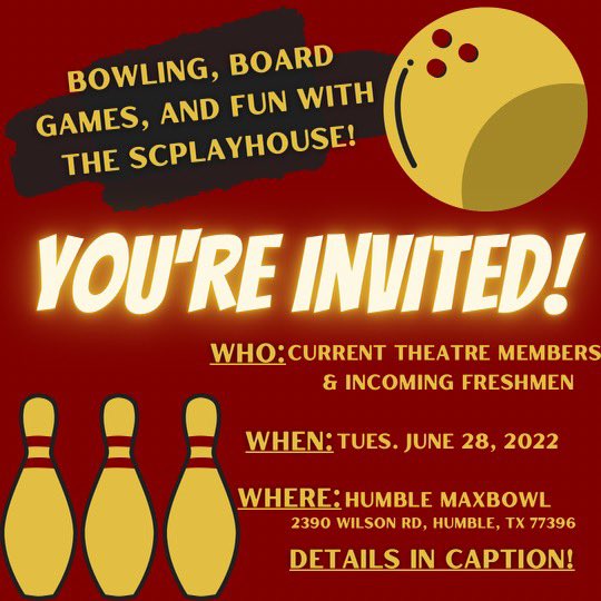 Calling all current and incoming SCplayhouse members! We invite you for an evening of bowling, laser tag and board games with us! 
-
-
Join us at Max Bowl on Wilson Rd on June 28th for $2 Tuesday at 5:00! 
-
-
We’d love to have you!
-
-
-
#scplayhouse #gamenight #theatrekids
